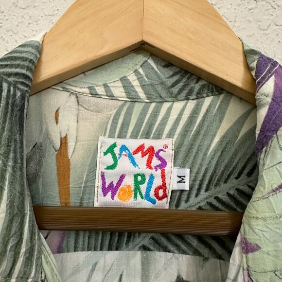 JAMS WORLD Shirt Sage Green Palm Leaves Button Up Hawaiian Tropical Beach - Picture 5 of 7